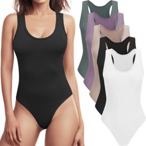 CE’ CERDR 5 Pack Body Suits for Womens Ribbed Bodysuits Scoop Neck Sleeveless Racerback Tank Tops Bodysuits