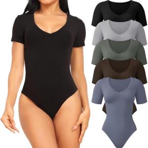 CE’ CERDR 5 Pack Bodysuits for Women Short Sleeve Deep V Neck Tops T-shirt Bodysuit Casual Outfits(5 Pack Black  Light Grey  Coffee  Olive Green  Dark Blue)