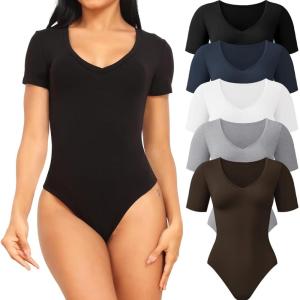 CE’ CERDR 5 Pack Bodysuits for Women Short Sleeve Deep V Neck Tops T-shirt Bodysuit Casual Outfits(5 Pack Black  White  Light Grey  Navy  Coffee)