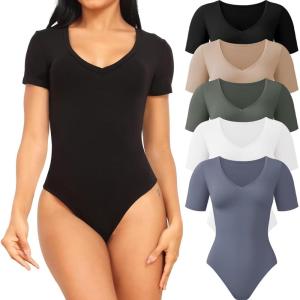 CE’ CERDR 5 Pack Bodysuits for Women Short Sleeve Deep V Neck Tops T-shirt Bodysuit Casual Outfits(5 Pack Black  White  Nude  Olive Green  Dark Blue)