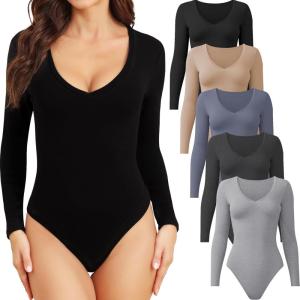 CE’ CERDR 5 Pack Long Sleeve Bodysuits for Women Deep V Neck Stretchy Basic Body Suit Tops(5 Pack Black  Nude  Dark Blue  Dark Grey  Light Grey)