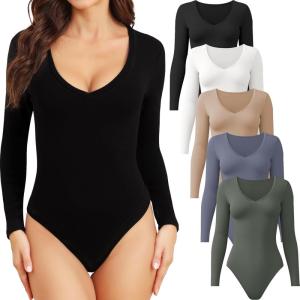 CE’ CERDR 5 Pack Long Sleeve Bodysuits for Women Deep V Neck Stretchy Basic Body Suit Tops(5 Pack Black  White  Nude  Dark Blue  Olive Green)