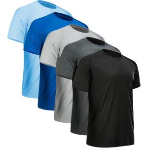 CE’ CERDR Mens Workout Shirts Quick Dry Performance Short Sleeve Athletic Shirts(5 Pack Black  Dark Grey  Light Grey  Blue  Light Blue)