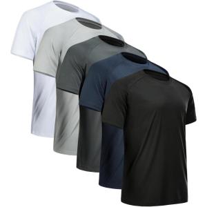 CE’ CERDR Mens Workout Shirts Quick Dry Performance Short Sleeve Athletic Shirts(5 Pack Black  Dark Grey  Light Grey  White  Navy)