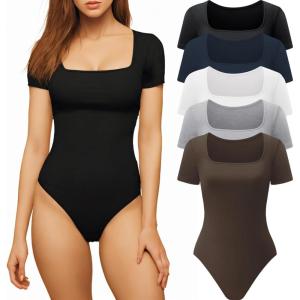 CE’ CERDR Women’s 5 Pack Short Sleeve Bodysuits Square Neck T-shirt Basic Casual Tops Body suit(5 Pack Black  White  Light Grey  Navy  Coffee)