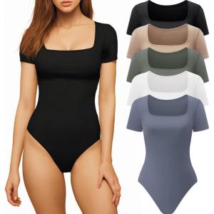 CE’ CERDR Women’s 5 Pack Short Sleeve Bodysuits Square Neck T-shirt Basic Casual Tops Body suit(5 Pack Black  White  Nude  Olive Green  Dark Blue)