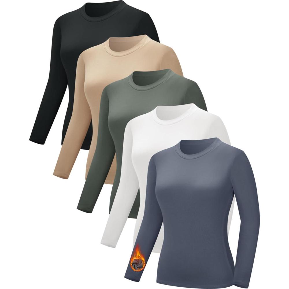 imageCE CERDR 35 Pack Womens Long Sleeve Thermal Shirts Crew Neck Fleece Lined Basic Fitted Workout Going Out Underscrubs TopsBlack  White  Nude  Olive Green  Dark Blue