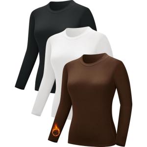 CE’ CERDR 3/5 Pack Womens Long Sleeve Thermal Shirts Crew Neck Fleece Lined Basic Fitted Workout Going Out Underscrubs Tops(Black  White  Coffee)