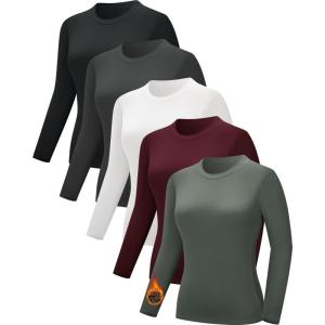 CE’ CERDR 3/5 Pack Womens Long Sleeve Thermal Shirts Crew Neck Fleece Lined Basic Fitted Workout Going Out Underscrubs Tops(Black  White  Dark Red  Olive Green  Dark Grey)