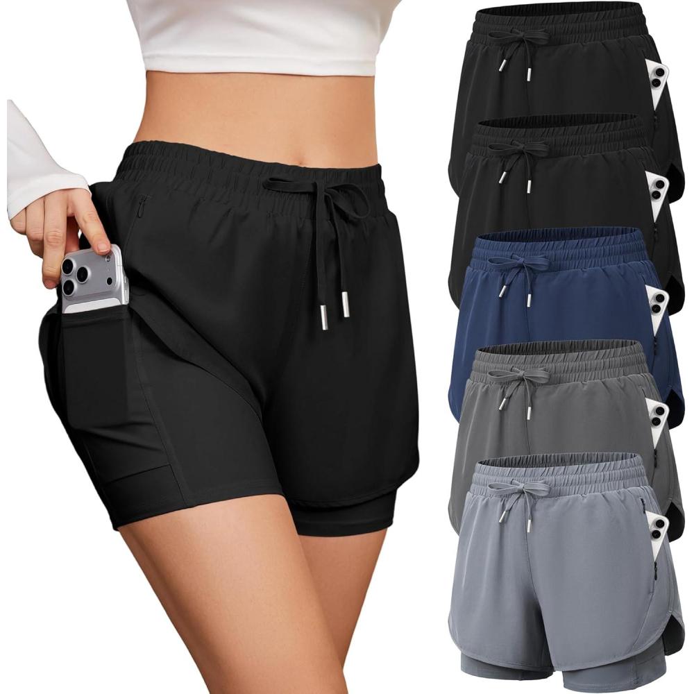 imageCE CERDR 5 Pack Womens 2 in 1 Running Shorts High Waisted Athletic Workout Short for Gym Yoga with Liner 4 PocketsBlack black navy dark Gray light Gray