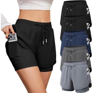 CE’ CERDR 5 Pack Women’s 2 in 1 Running Shorts High Waisted Athletic Workout Short for Gym Yoga with Liner 4 Pockets(Black black navy dark Gray light Gray)