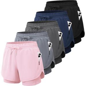 CE’ CERDR 5 Pack Women’s 2 in 1 Running Shorts High Waisted Athletic Workout Short for Gym Yoga with Liner 4 Pockets(Black navy dark Gray light Gray pink)