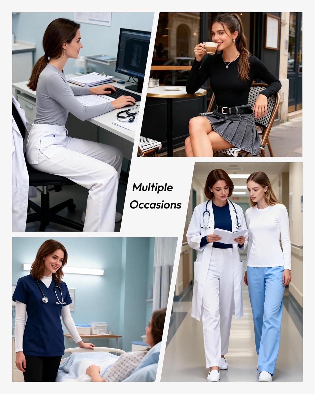 image:imageCE CERDR 3 Pack Underscrub Long Sleeve Women Crew Neck Shirts Basic Tees Fitted Undershirts Stretchy Layering Scrubs TopsBlack Dark Grey Navy