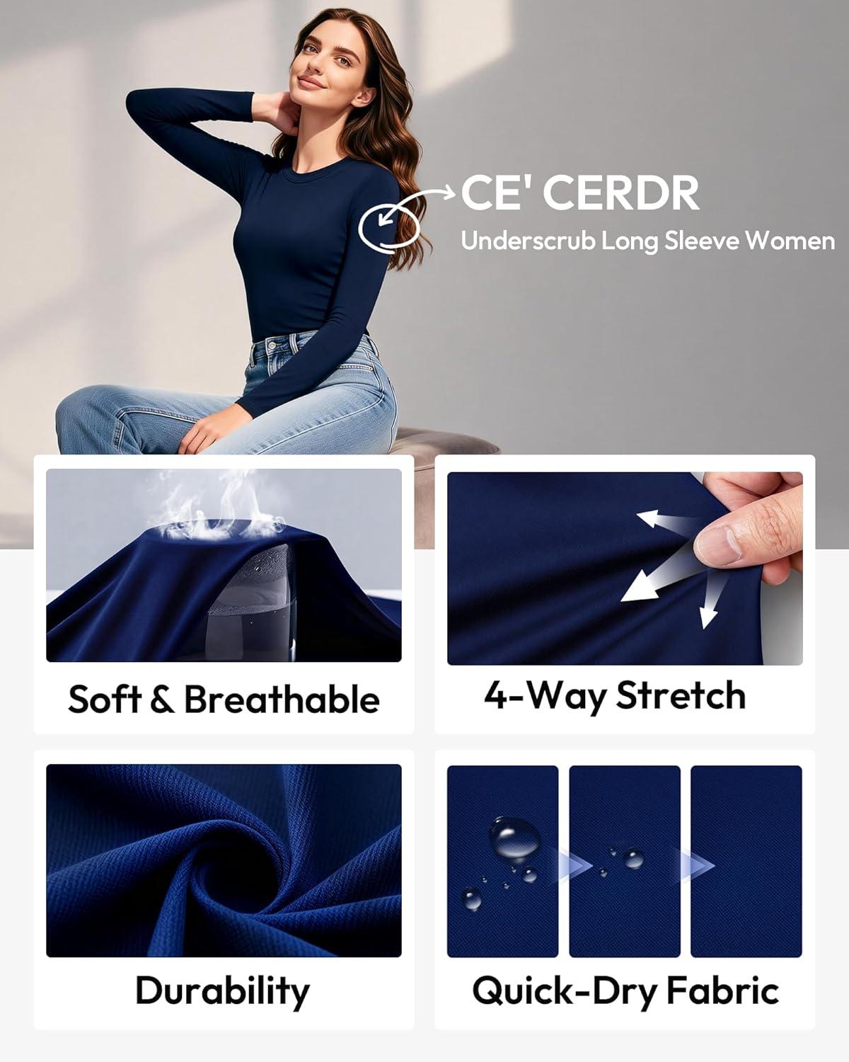 image:imageCE CERDR 3 Pack Underscrub Long Sleeve Women Crew Neck Shirts Basic Tees Fitted Undershirts Stretchy Layering Scrubs TopsBlack White Light Grey
