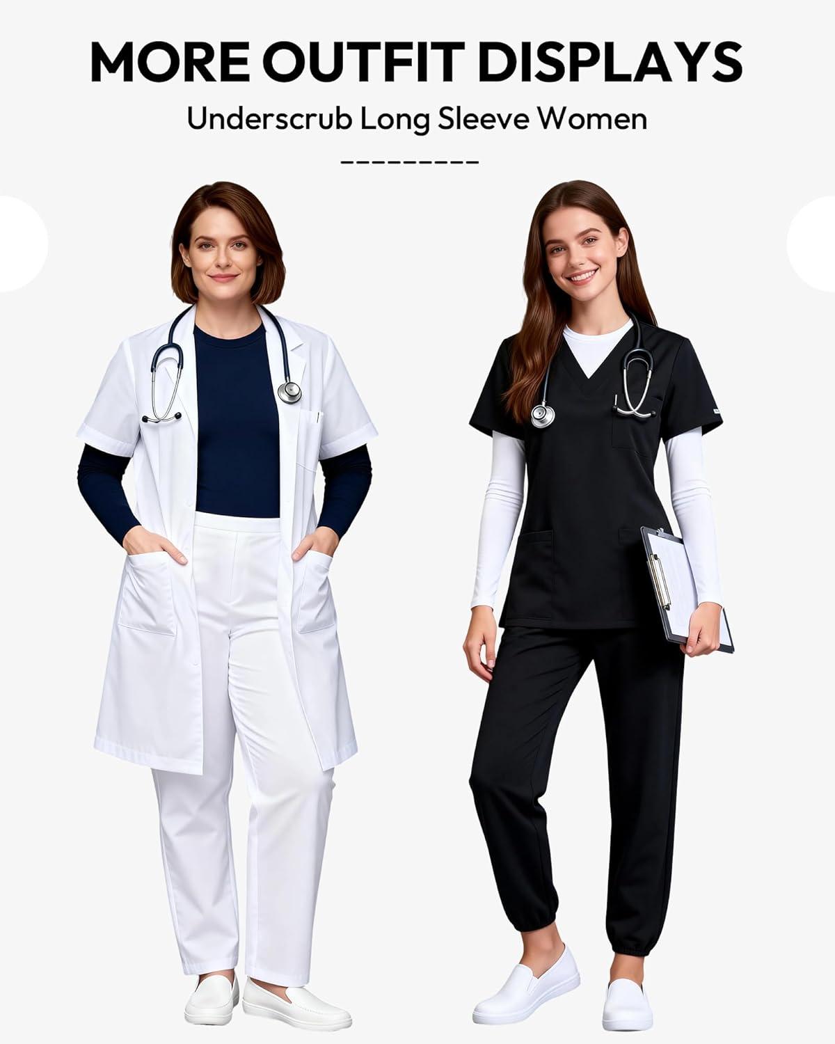 image:imageCE CERDR 3 Pack Underscrub Long Sleeve Women Crew Neck Shirts Basic Tees Fitted Undershirts Stretchy Layering Scrubs TopsBlack White Navy