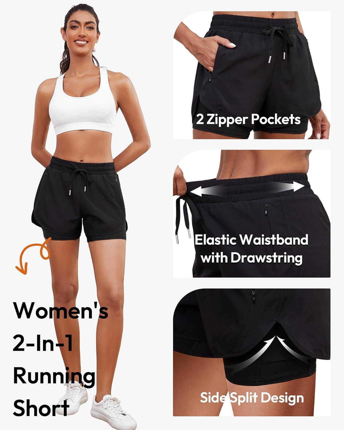 image:imageCE CERDR 5 Pack Womens 2 in 1 Running Shorts High Waisted Athletic Workout Short for Gym Yoga with Liner 4 Pockets3cblack navy dark Grey