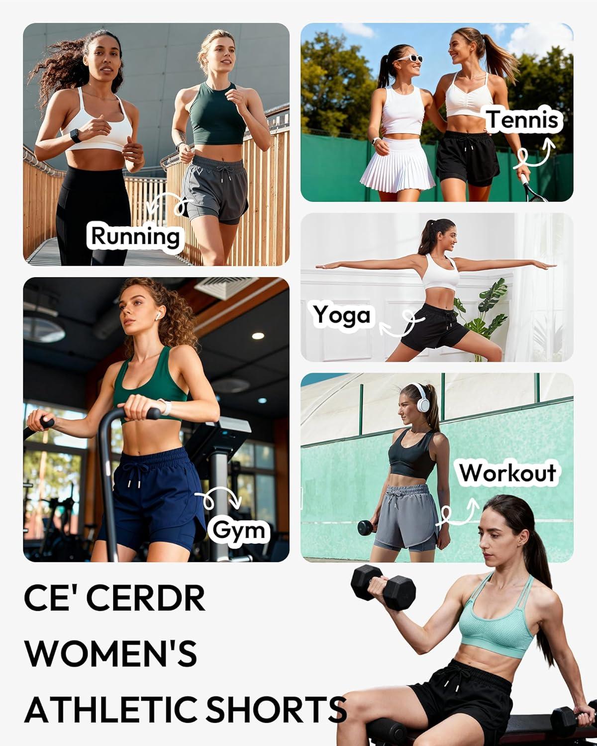 image:imageCE CERDR 5 Pack Womens 2 in 1 Running Shorts High Waisted Athletic Workout Short for Gym Yoga with Liner 4 Pockets5bblack navy dark Grey greyish Blue light Grey
