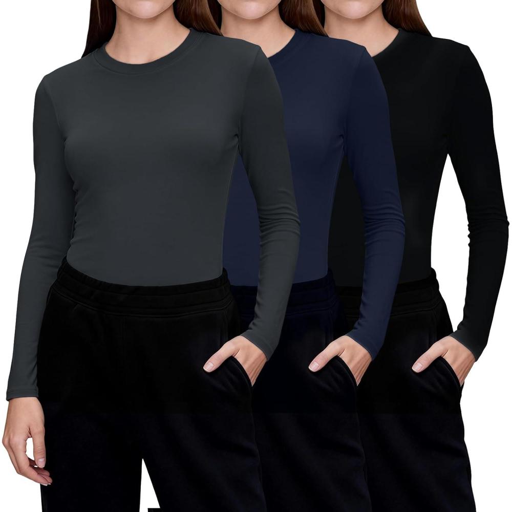 image:imageCE CERDR 3 Pack Underscrub Long Sleeve Women Crew Neck Shirts Basic Tees Fitted Undershirts Stretchy Layering Scrubs TopsBlack Dark Grey Navy