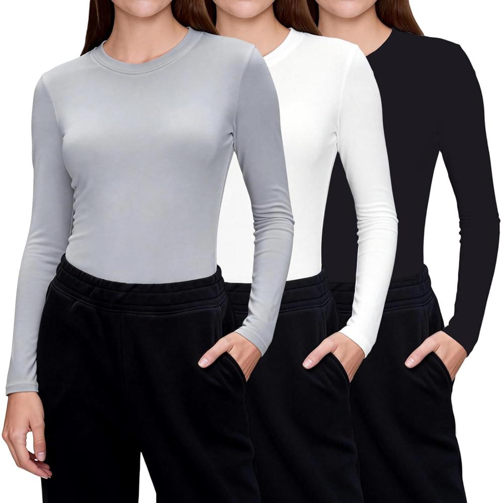 image:imageCE CERDR 3 Pack Underscrub Long Sleeve Women Crew Neck Shirts Basic Tees Fitted Undershirts Stretchy Layering Scrubs TopsBlack White Light Grey