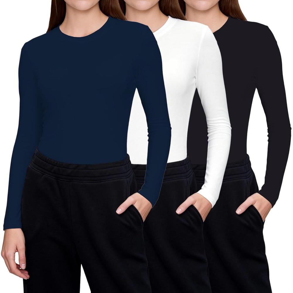 image:imageCE CERDR 3 Pack Underscrub Long Sleeve Women Crew Neck Shirts Basic Tees Fitted Undershirts Stretchy Layering Scrubs TopsBlack White Navy