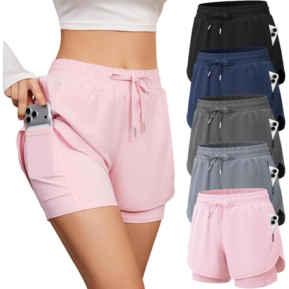 image:imageCE CERDR 5 Pack Womens 2 in 1 Running Shorts High Waisted Athletic Workout Short for Gym Yoga with Liner 4 Pockets5ablack navy dark Grey light Grey pink