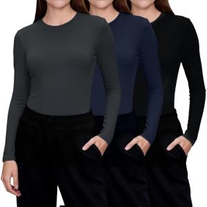 CE’ CERDR 3 Pack Underscrub Long Sleeve Women Crew Neck Shirts Basic Tees Fitted Undershirts Stretchy Layering Scrubs Tops(Black  Dark Grey  Navy)