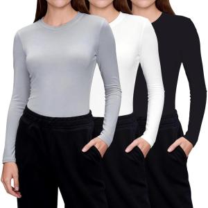 CE’ CERDR 3 Pack Underscrub Long Sleeve Women Crew Neck Shirts Basic Tees Fitted Undershirts Stretchy Layering Scrubs Tops(Black  White  Light Grey)