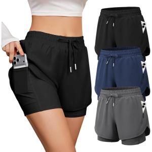 CE’ CERDR 5 Pack Women’s 2 in 1 Running Shorts High Waisted Athletic Workout Short for Gym Yoga with Liner 4 Pockets(3c-black navy dark Grey)