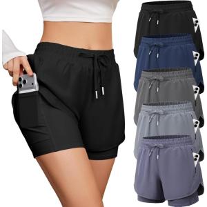 CE’ CERDR 5 Pack Women’s 2 in 1 Running Shorts High Waisted Athletic Workout Short for Gym Yoga with Liner 4 Pockets(5b-black navy dark Grey greyish Blue light Grey)
