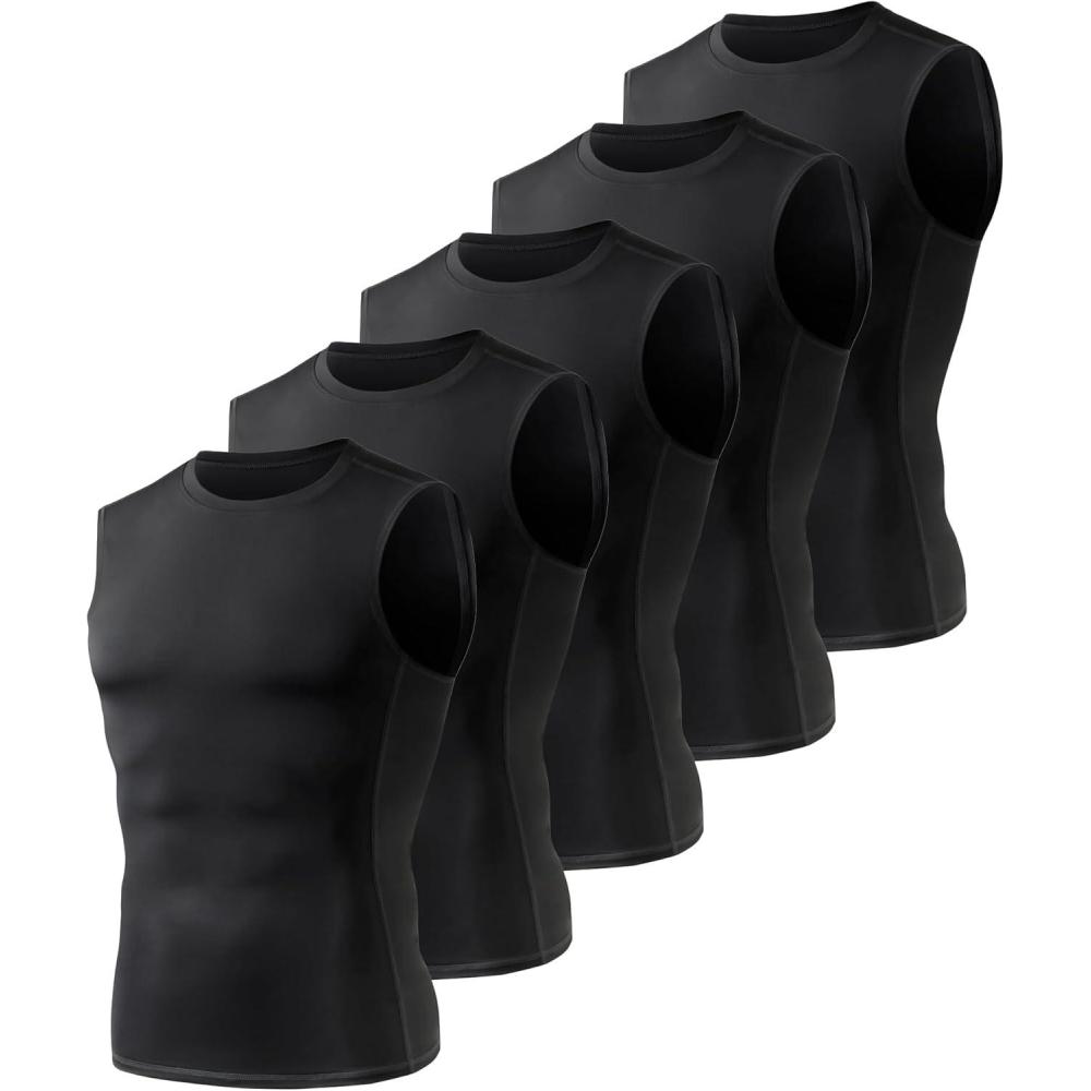 image:image5 Pack Compression Shirt Men  Sleeveless Tank Top Workout Athletic Gym Quick Dry Base Layer Udershirts for Running3black5