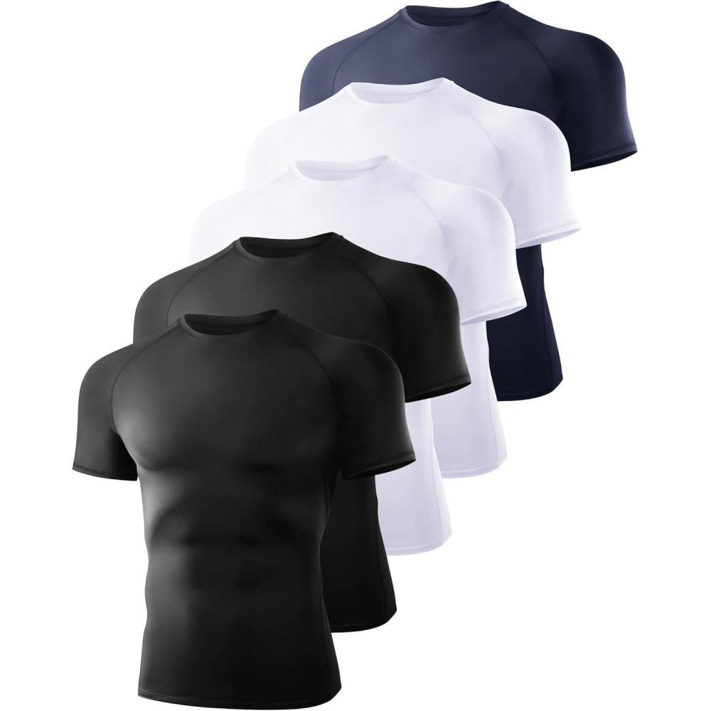 image:image5 Pack Short Sleeve Compression Shirt Men Workout Quick Dry Base Layer Shirts Moisture Wicking Top for Gym Athletic1blackBlackWhiteWhiteNavy