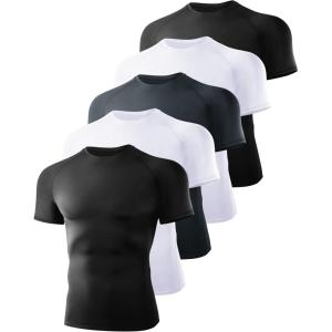 5 Pack Short Sleeve Compression Shirt Men – Workout Quick Dry Base Layer Shirts Moisture Wicking Top for Gym Athletic(3-black/Black/White/White/Gray)