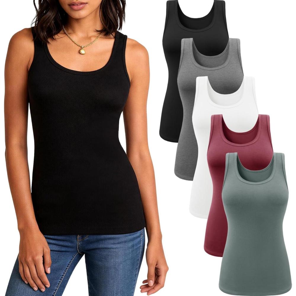 image:image5 Pack Tank Tops for Women Soft Ribbed Scoop Neck Sleeveless Fitted Basic Summer Tops Casual Going Out Undershirt5bblack white olive Green dark Red dark Gray