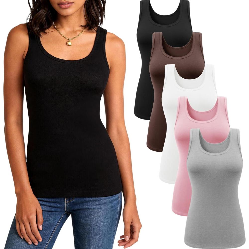 image:image5 Pack Tank Tops for Women Soft Ribbed Scoop Neck Sleeveless Fitted Basic Summer Tops Casual Going Out Undershirt5cblack white coffee light Gray pink