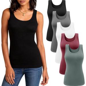 5 Pack Tank Tops for Women, Soft Ribbed Scoop Neck Sleeveless Fitted Basic Summer Tops Casual Going Out Undershirt(5b:black white olive Green dark Red dark Gray)